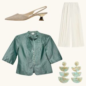 💚 Armani Collezioni Seafoam Silk Pintuck Jacket Blouse | Size 8